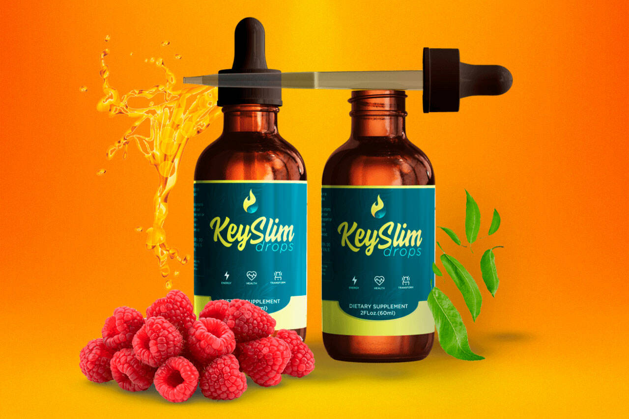 Illustration of KeySlim Drops, a liquid weight loss supplement with 24-in-1 fat burning formula, promoting natural fat loss and metabolism boost.