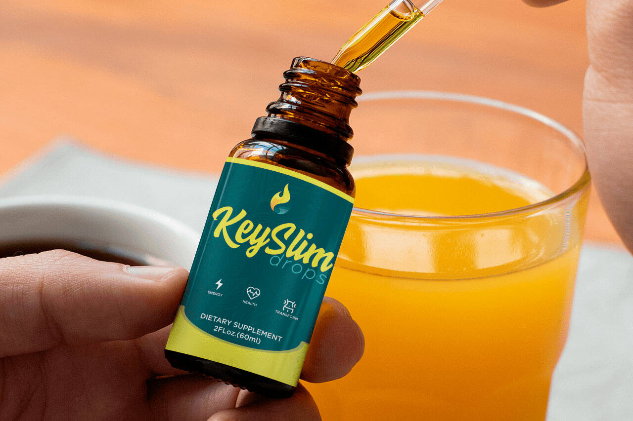 Illustration of KeySlim Drops, a liquid weight loss supplement with 24-in-1 fat burning formula, promoting natural fat loss and metabolism boost.